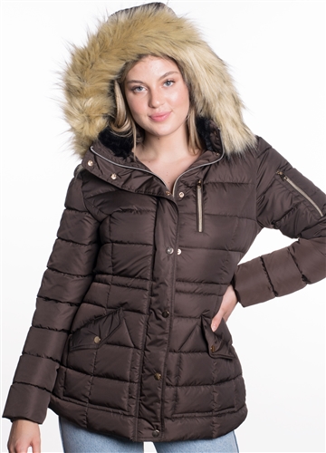 Women's Mid Length Puffer Jacket with Snap Button Closures and